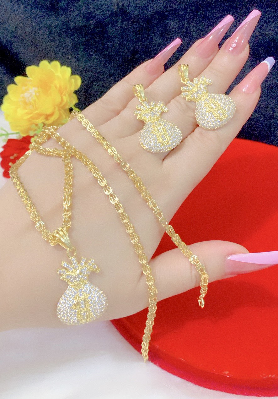 Combo dây chuyền bông tai túi tiền mạ 18k