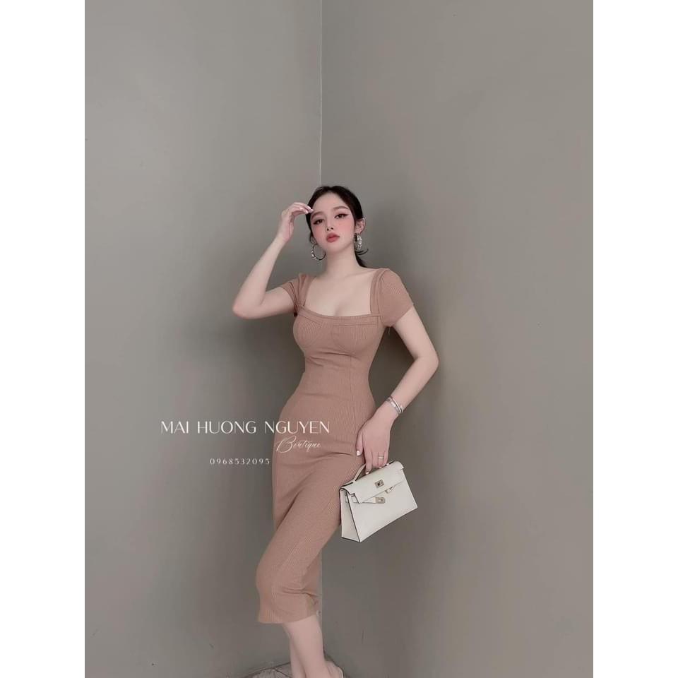 Đầm Body Cổ Vuông Tay Ngắn Chất Thun Gân Thích Hợp Mặc Đi Tiệc Đi Làm Đi Chơi Phù Hợp Với Mọi Phong Cách