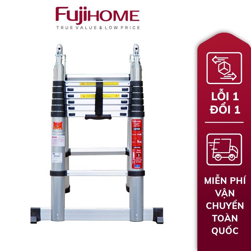 Thang nhôm rút gọn chữ A  FUJIHOME TLA08 ( Chiều cao chữ A  2,5m - Cao chữ I 5m, Khóa an toàn, đế chống trượt) Hàng Chính hãng