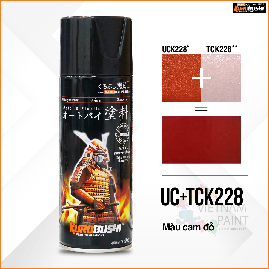 COMBO Sơn xịt Samurai Kurobushi - màu cam đỏ Kawasaki UC+ TC K228 gồm 4 chai đủ quy trình