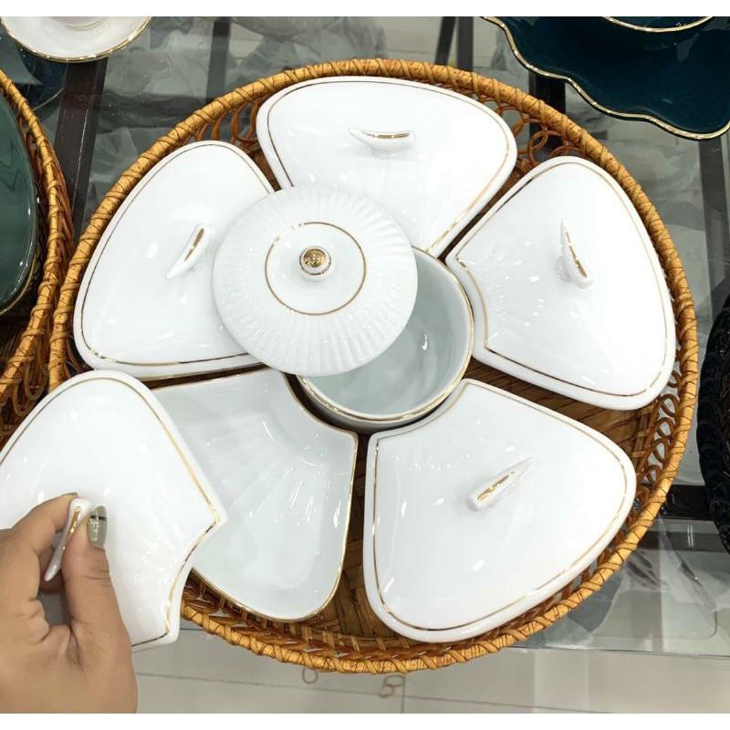 Khay mứt sứ trắng Bát Tràng viền mạ vàng kim .