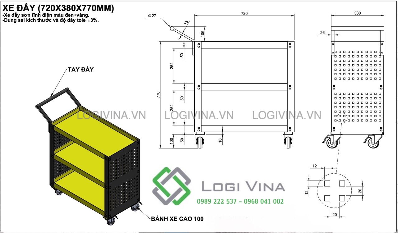 Xe Đẩy Dụng Cụ 3 Tầng XĐ-01