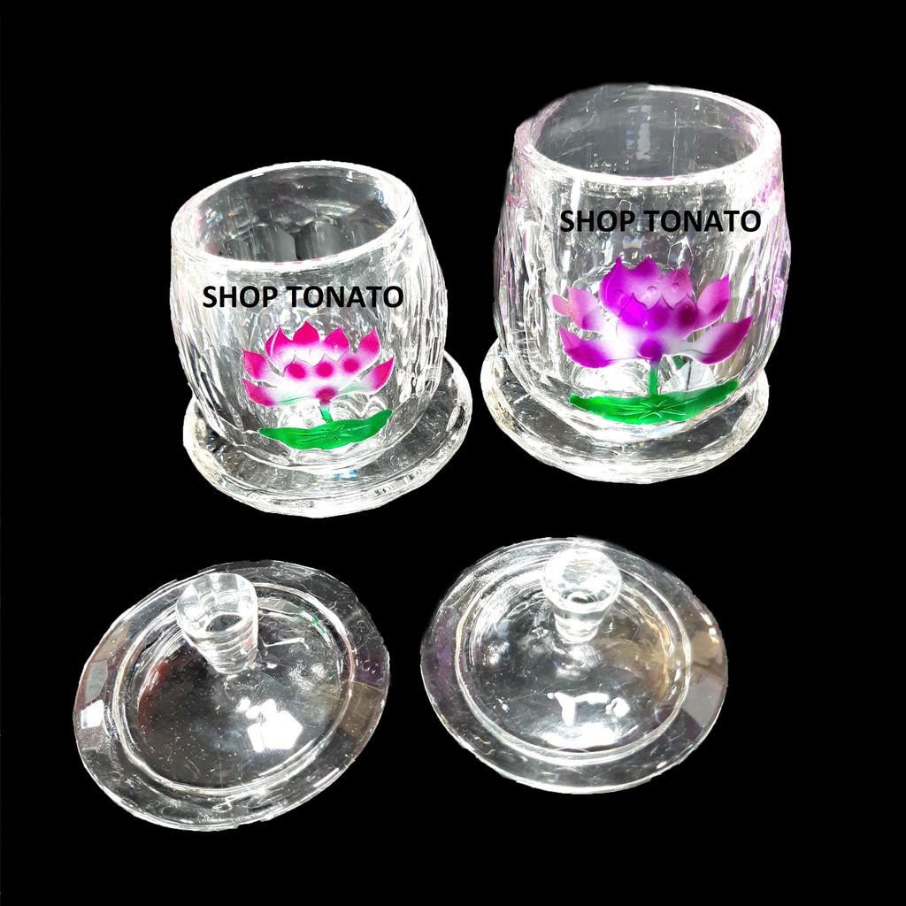 CHUNG NẮP THỜ CÚNG THỦY TINH BÔNG SEN C CAO 9CM,10CM