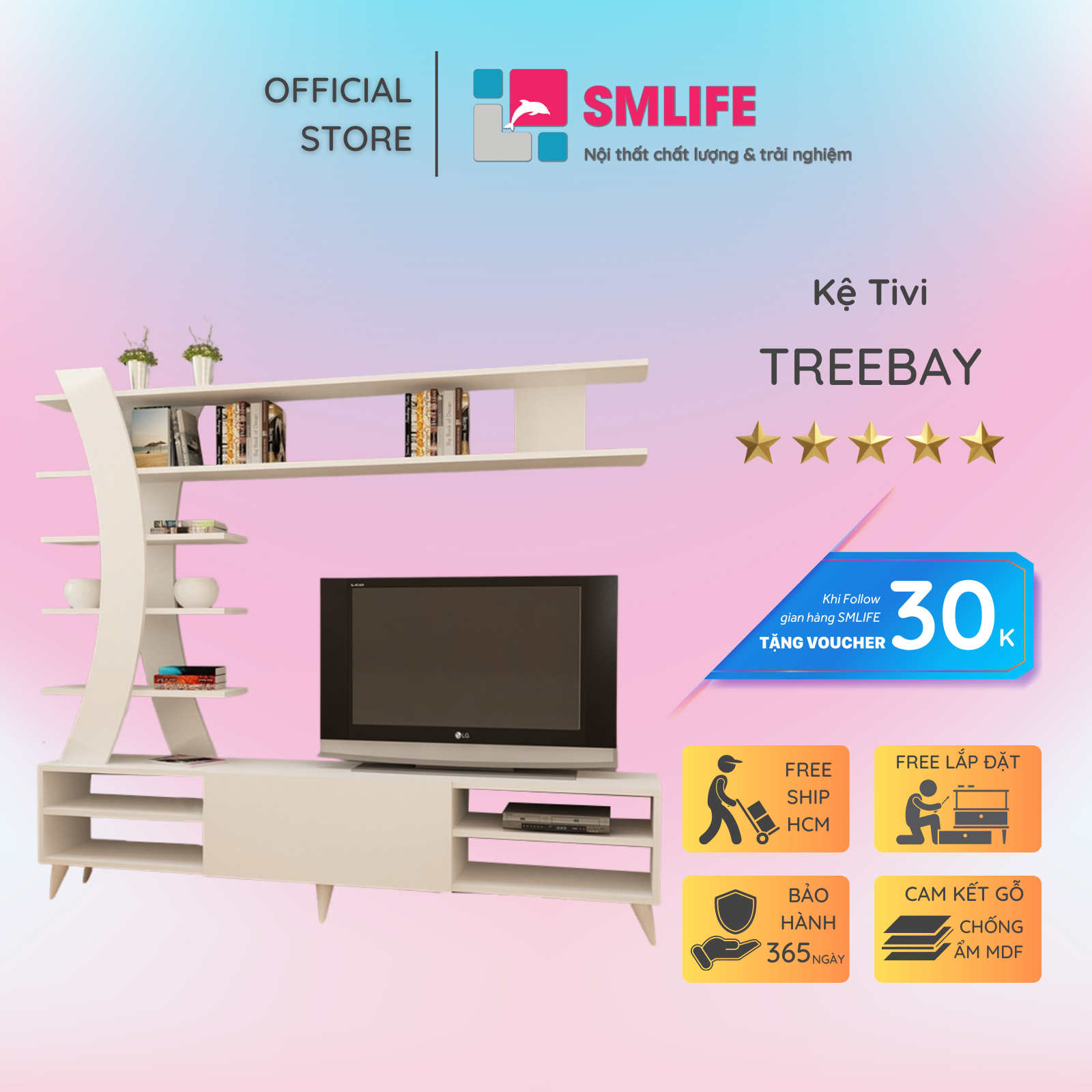 Kệ tivi gỗ hiện đại SMLIFE Treebay | Gỗ MDF dày 17mm chống ẩm | D180xR30xC160cm