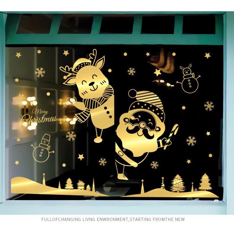 Decal trang trí tường Noel - Ông già noel tuần lộc nhí chào lễ ánh vàng cao cấp
