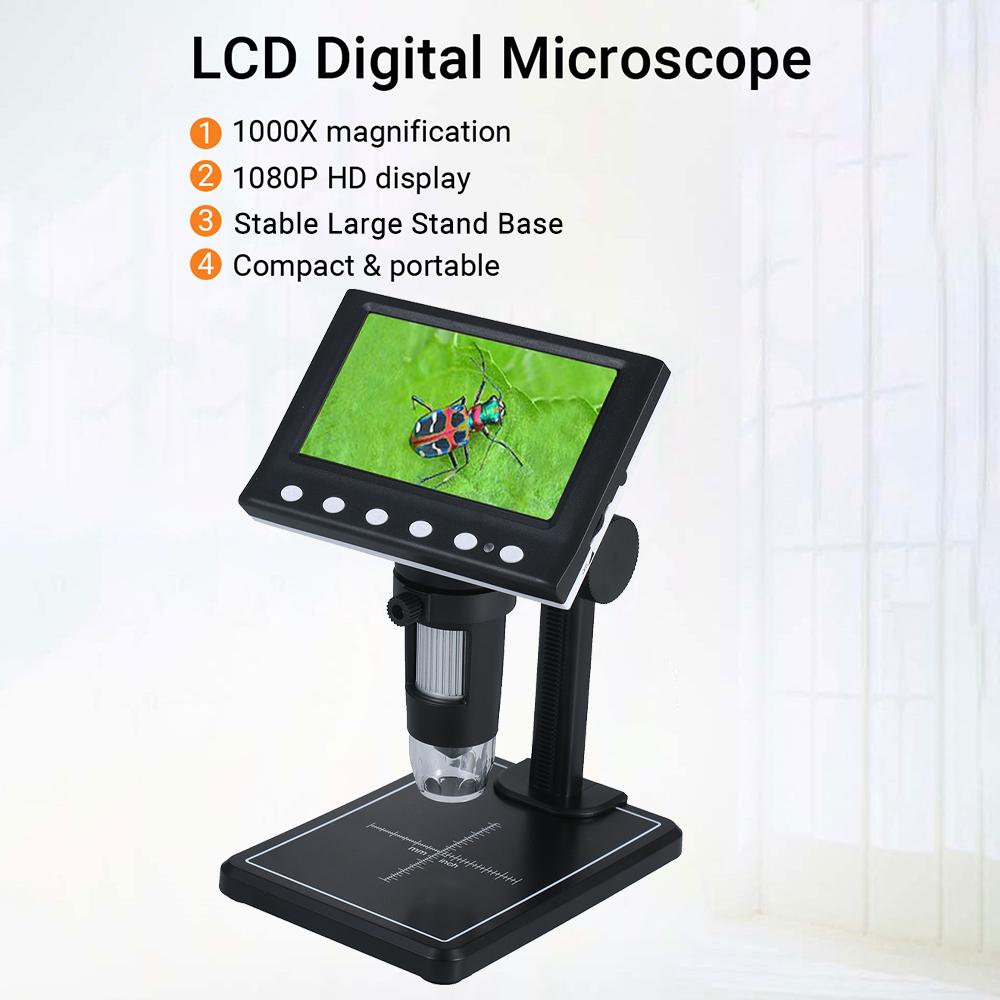 Digital Microscope Photo and Video with 4.3-inch 1080P Screen 1000X Magnification Zoom 8pcs LED Lights Compatible for Windows Mac Black and White