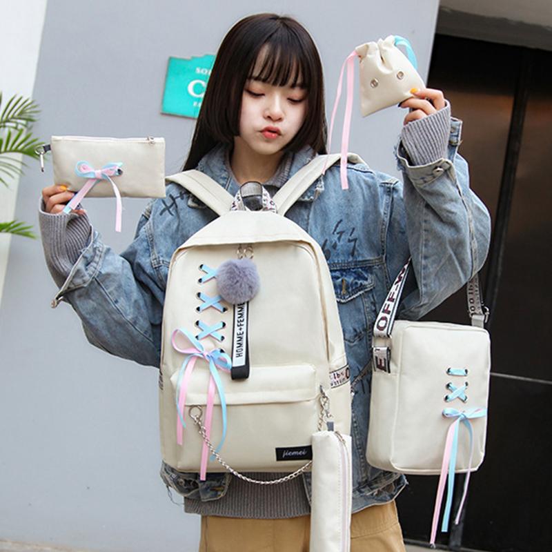 Thời Trang Nữ Lưng 5 Bộ Ba Lô Đi Học Thiết Kế Hàn Quốc Đại Học Trường Túi Cho Bé Gái Trẻ Em Schoolbag Túi Đeo Vai