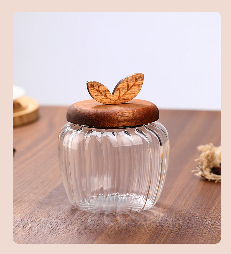 Hủ thủy tinh trơn nắp gỗ dáng trái táo đựng trà, cà phê, các hạt và thực phẩm khô 700ml