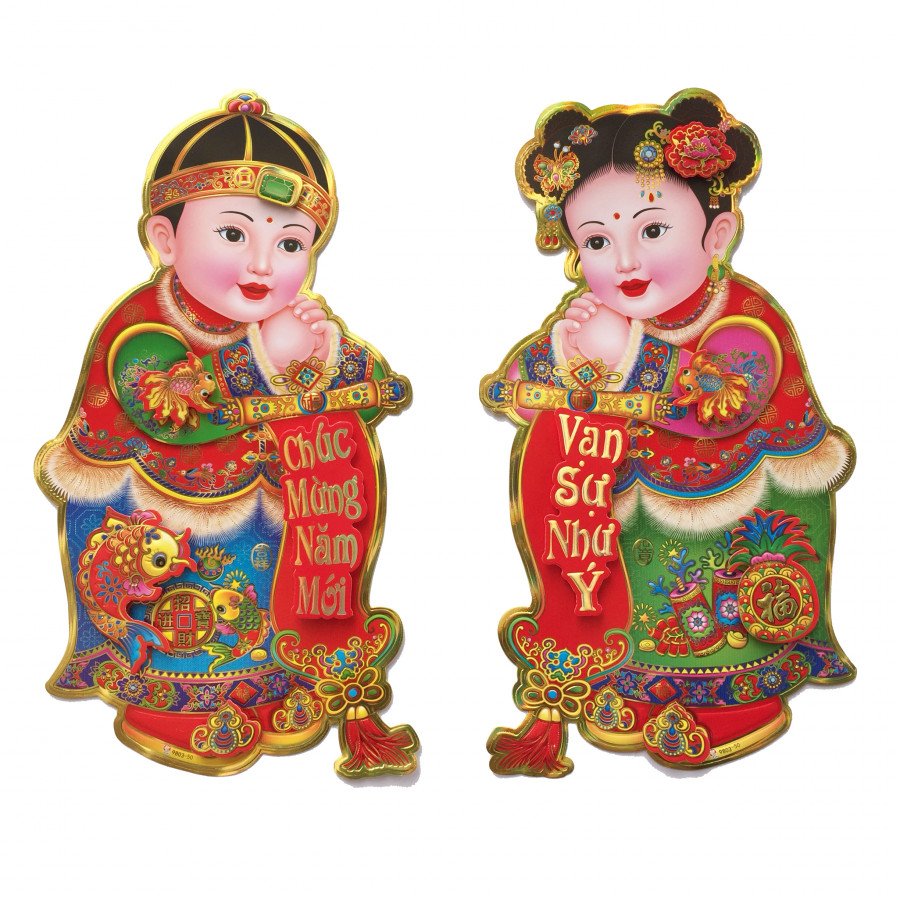 Cặp tranh 3D cô cậu dán tường - kính trang trí Tết