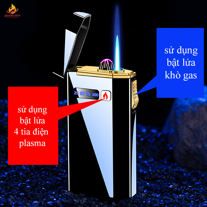 Quẹt điện tử độc lạ sạc pin 2 chế độ lửa vừa gas vừa điện độc đáo