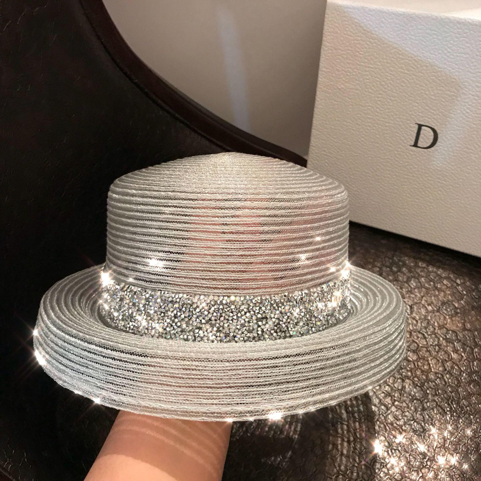 Chính Thức Nón Rộng Vành Nữ Hepburn Phong Cách Vintage Thiết Kế Mũ Rơm Trong Suốt Sáng Kim Cương Đi Biển Nón Lớn Hat nhà Thờ Nón