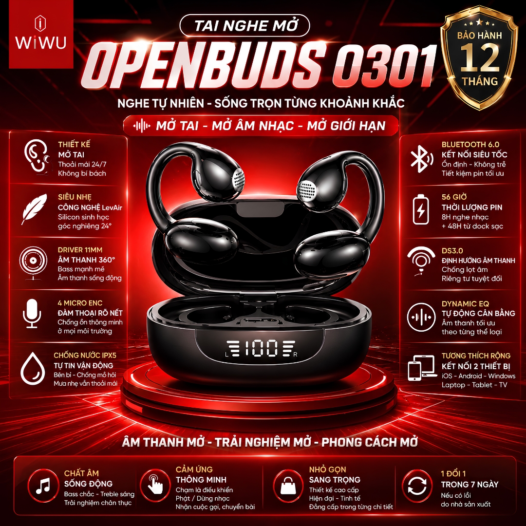 Tai nghe thể thao Open-Ear bluetooth 6.0 WIWU OpenBuds O301 Open-Ear - Âm Thanh 360° Driver 11mm - 4 Mic ENC - Pin 56 Giờ - Chống Lọt Âm DS3.0 - Chống Nước IPX5 - Hàng nhập khẩu