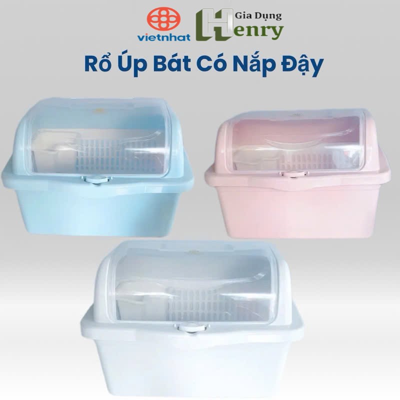 Rổ Úp Chén Bát Có Nắp Đậy Kèm Ống Đũa Nhựa Việt Nhật, Giá Úp Bát Có Nắp Đậy Có Khe Thoát Nước