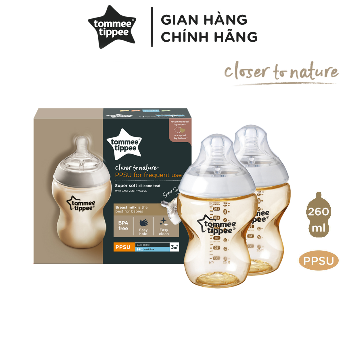 Bình Sữa PPSU Ty Siêu Mềm Tự Nhiên Tommee Tippee Natural Start 260ml, Núm Ty Của Bình 3-6 tháng (Bình Đôi)