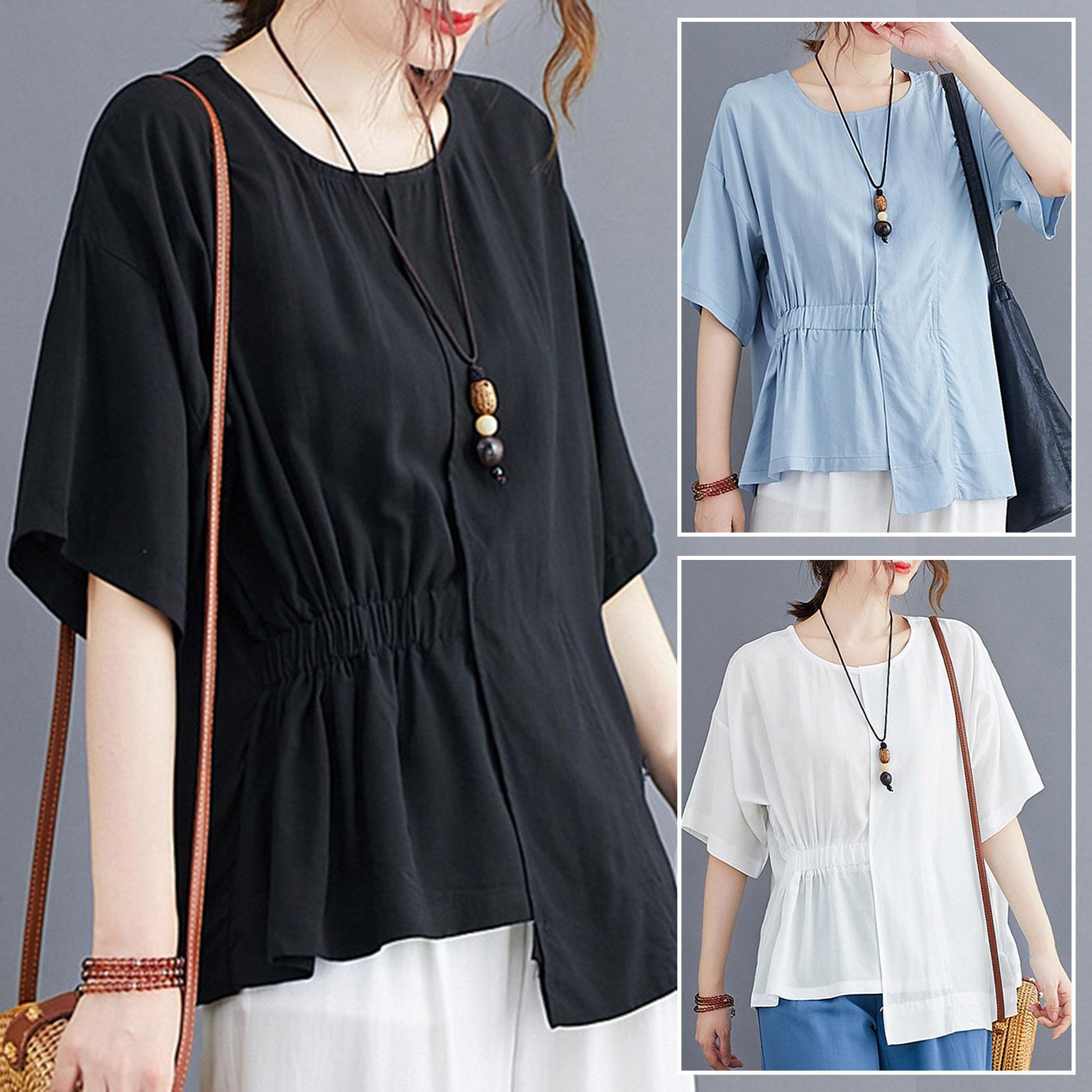 Fashion Women Solid Color Chiffon T-shirt O Neck Short Sleeve Ruched Irregular Hem Loose Casul Shirt Top