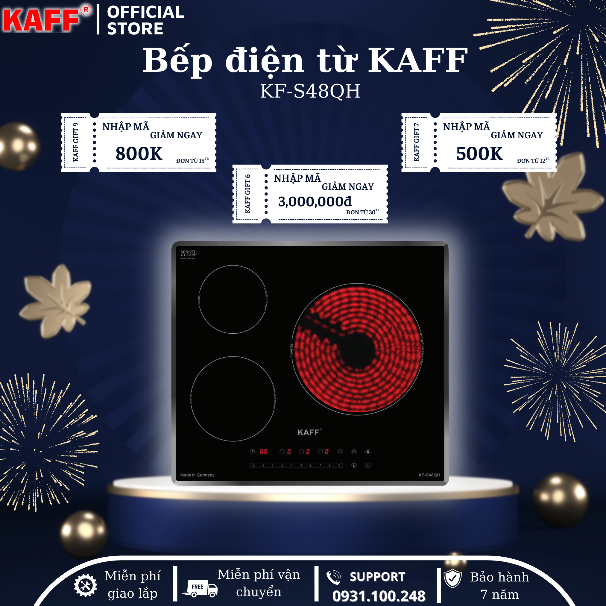 Bếp âm từ hồng ngoại 3 vùng nấu nhập khẩu Germany KAFF KF-S48QH Plus - Hàng Chính Hãng