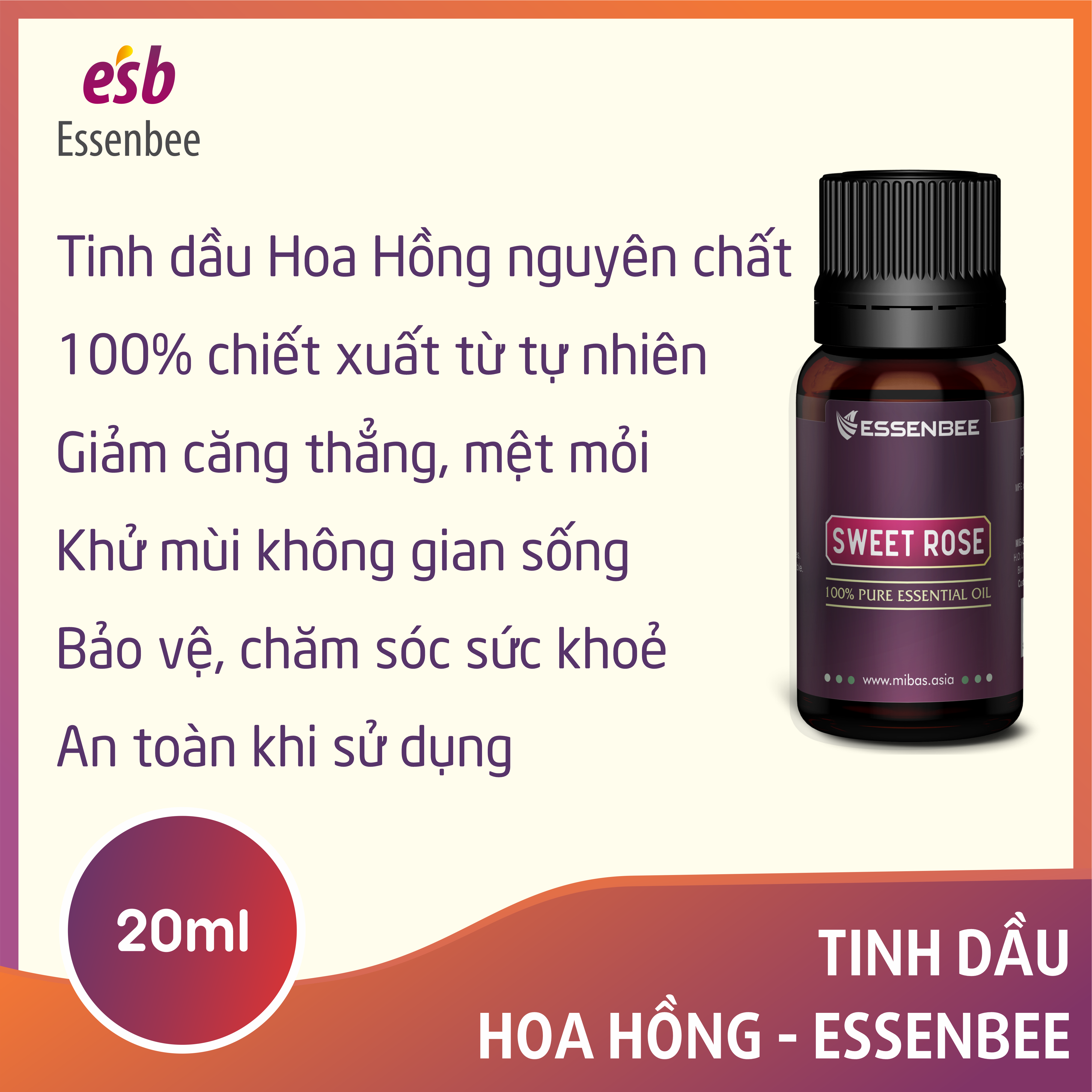 Tinh dầu thiên nhiên Hoa Hồng - Essenbee - 20ml - Giải tỏa căng thẳng, thư giãn tinh thần, giảm stress. Dưỡng ẩm cho da, làm mờ vết thâm và hỗ trợ điều trị quầng thâm mắt. Khử mùi và tạo bầu không khí trong lành.