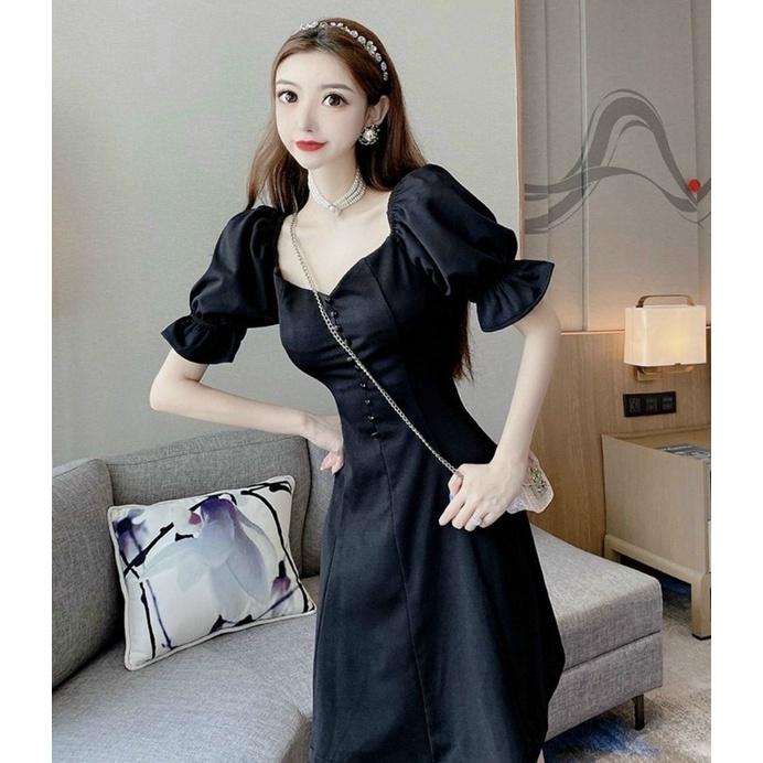 ĐẦM ĐI TIỆC Đầm váy cổ vuông nút bọc 2 màu