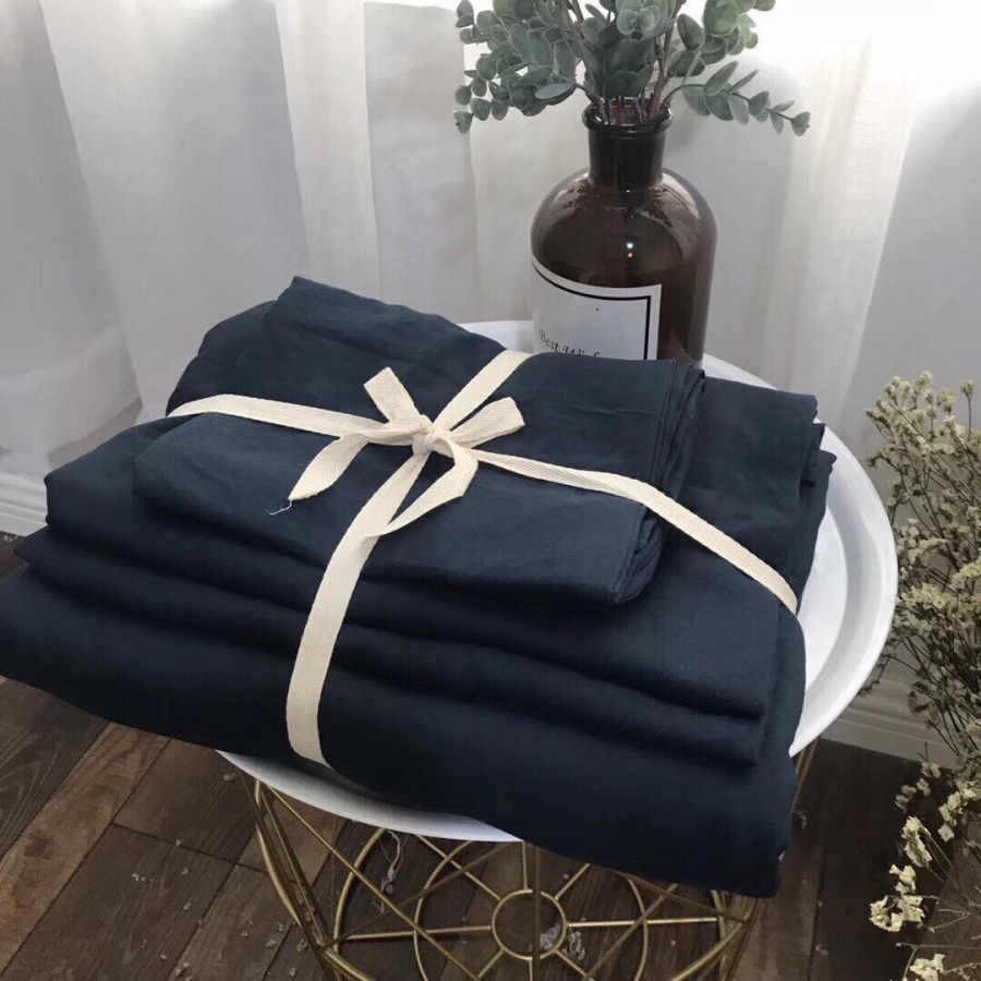 Bộ Vỏ Chăn Ga Gối Cottong Đũi - Xanh Than Trơn