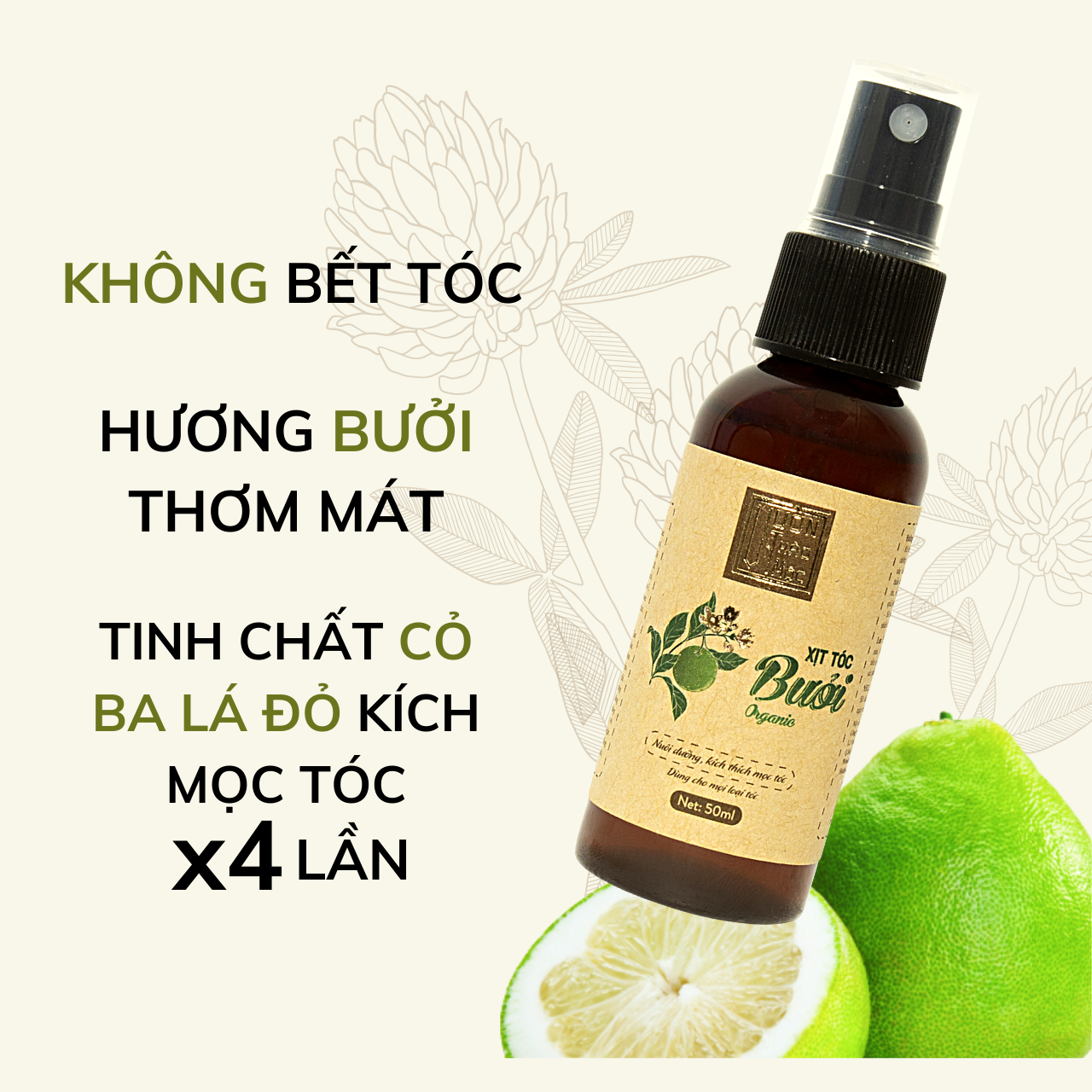 Xịt Dưỡng Tóc Bưởi VƯỜN THẢO MỘC ORGANIC Nuôi Dưỡng Kích Thích Mọc Tóc Chai 100ml