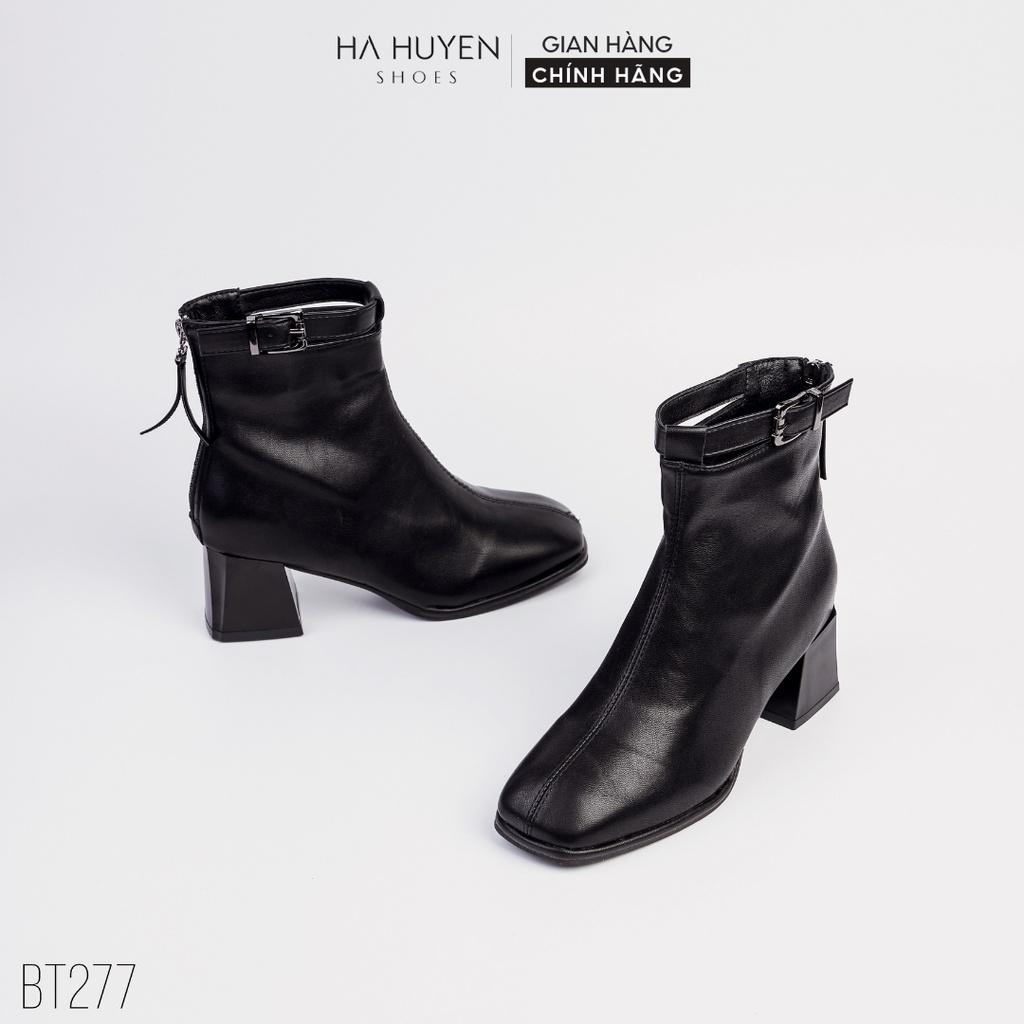 Giày boot nữ Hà Huyền Shoes bốt da mũi tròn cổ đai kim loại gót vuông 5 phân - BT277