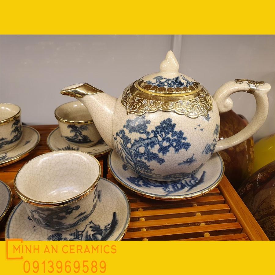 Bộ Ấm Chén chóp lửa số vẽ hoa văn cây Tùng men rạn bọc đồng giả cổ gốm Minh An Bát Tràng