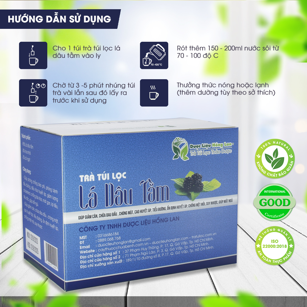 Trà Túi Lọc Lá Dâu Tằm 60g (20gói x 3g) - Công Ty Dược Liệu Hồng Lan