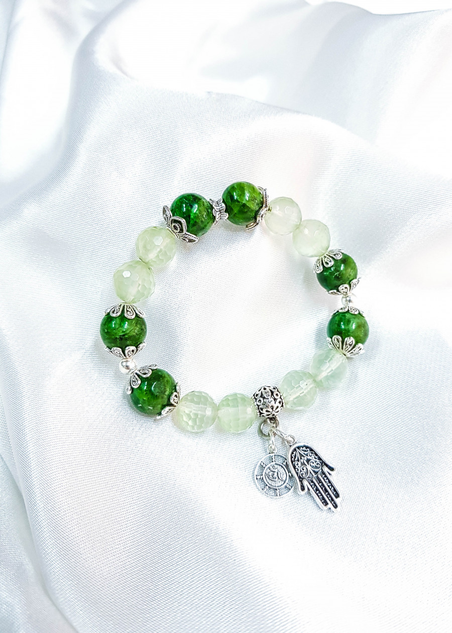 Vòng tay mệnh mộc, hỏa đá thạch anh xanh mix đá diopside+ charm bàn tay LAT.99