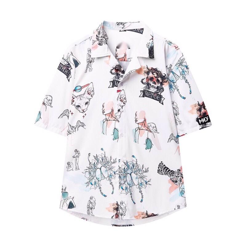 Áo Sơ Mi Họa Tiết CRAYON CAT Tay Ngắn Cổ Vest Nam Nữ Unisex Vải Lụa Chéo