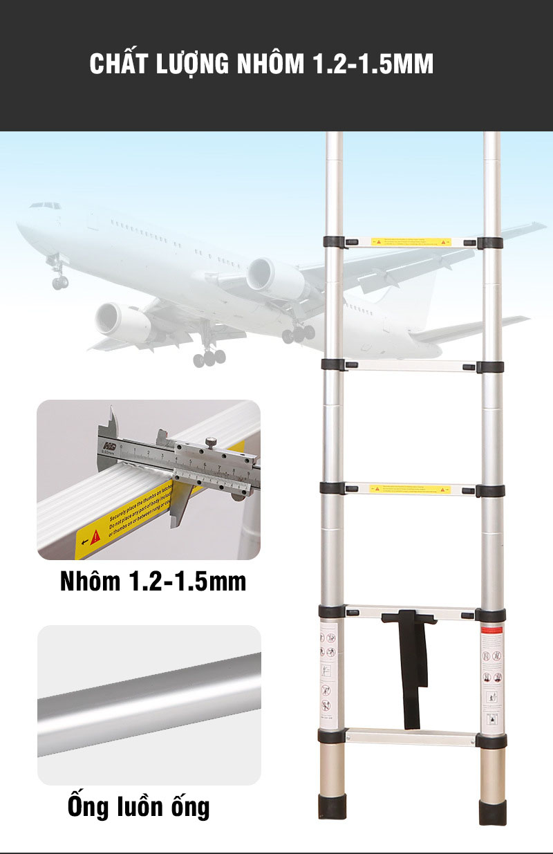 Thang nhôm rút đơn DIY TL-I-50 chiều cao tối đa 5m, rút gọn 1m, tải trọng 150kg, đế cao su chống trượt, nút khóa chắc chắn