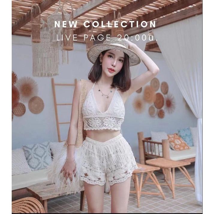 Set bikini áo bra hoa đan móc và quần