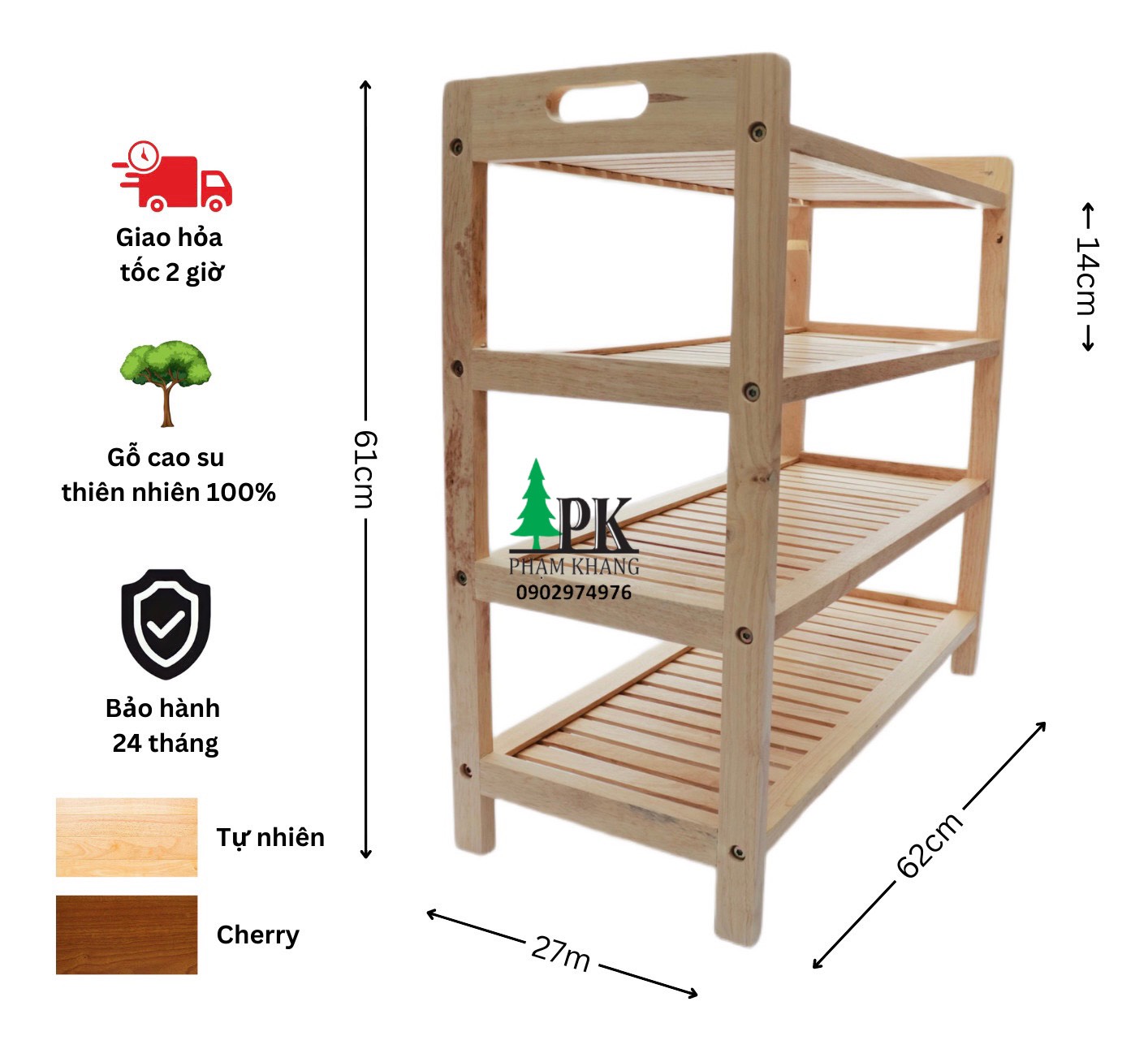 Kệ giày dép 3 tầng/ 4 tầng/ 5 tầng/ 6 tầng Start Decor - Gỗ cao su tự nhiên - Màu Gỗ Tự Nhiên/ Vàng Cherry - Kích thước rộng 64 cm