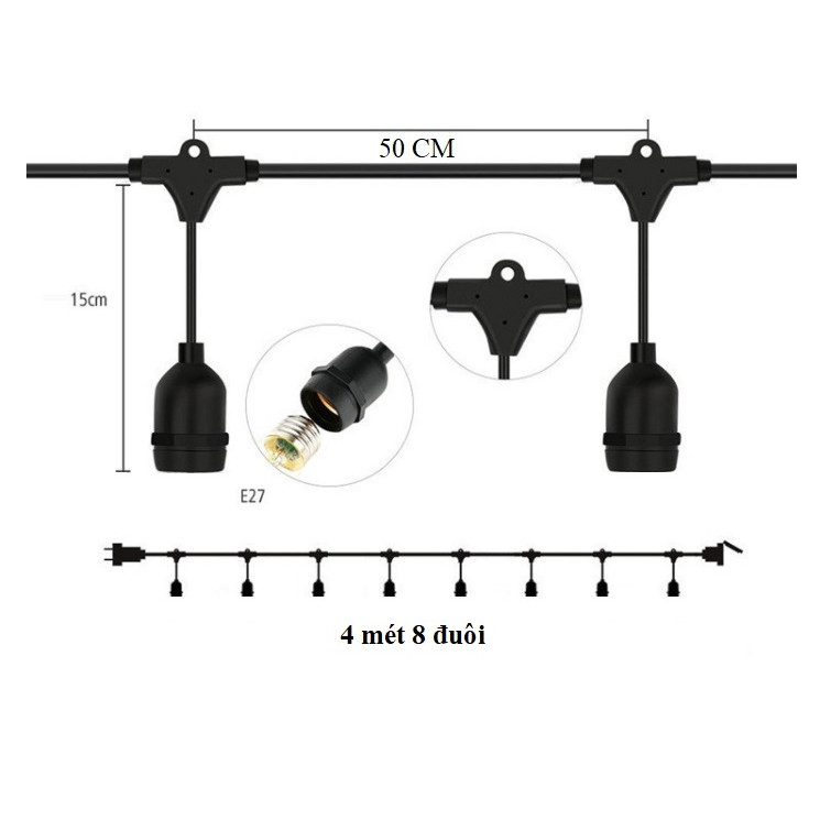 Dây đui đèn kín nước trang trí ngoài trời 4 mét 8 đui E27 hàng chính hãng.