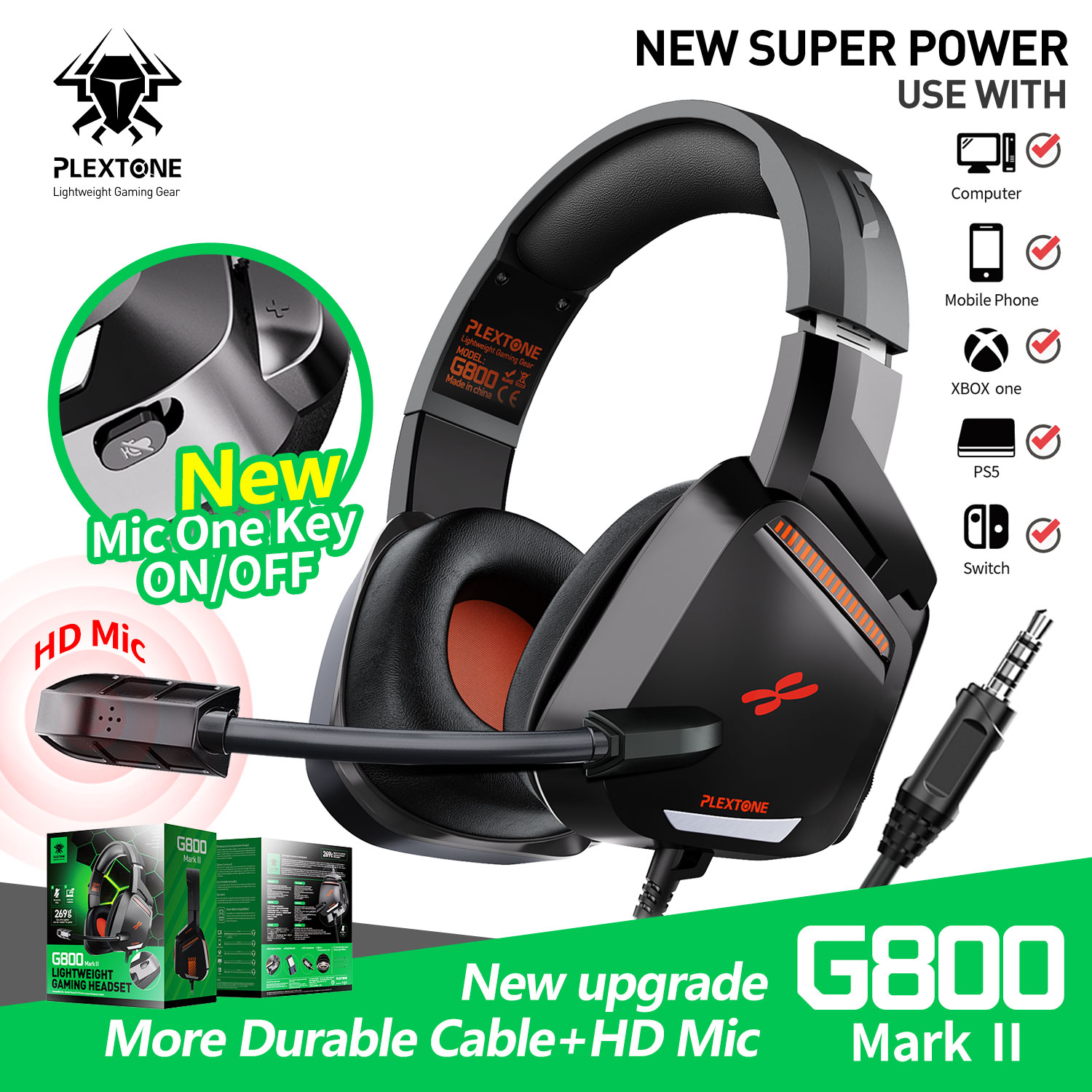 Tai nghe chụp tai gaming dành cho game thủ chuyên nghiệp Plextone G800 thiết kế over ear giúp chống ồn dây dù chống rối kèm mic dùng cho điện thoại laptop pc máy tính dùng jack 3.5mm - hàng chính hãng