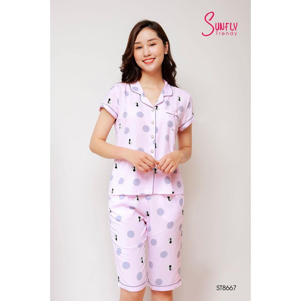 Bộ đồ Pijama mặc nhà Sunfly. Set đồ lanh cao cấp chất Lanh mềm mại, họa tiết chấm bi đơn giản dáng áo cộc quần ngố