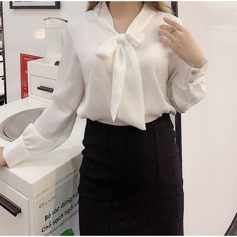 Áo kiểu chất Lụa tay dài phối nơ thiết kế dáng rộng thời trang công sở thanh lịch