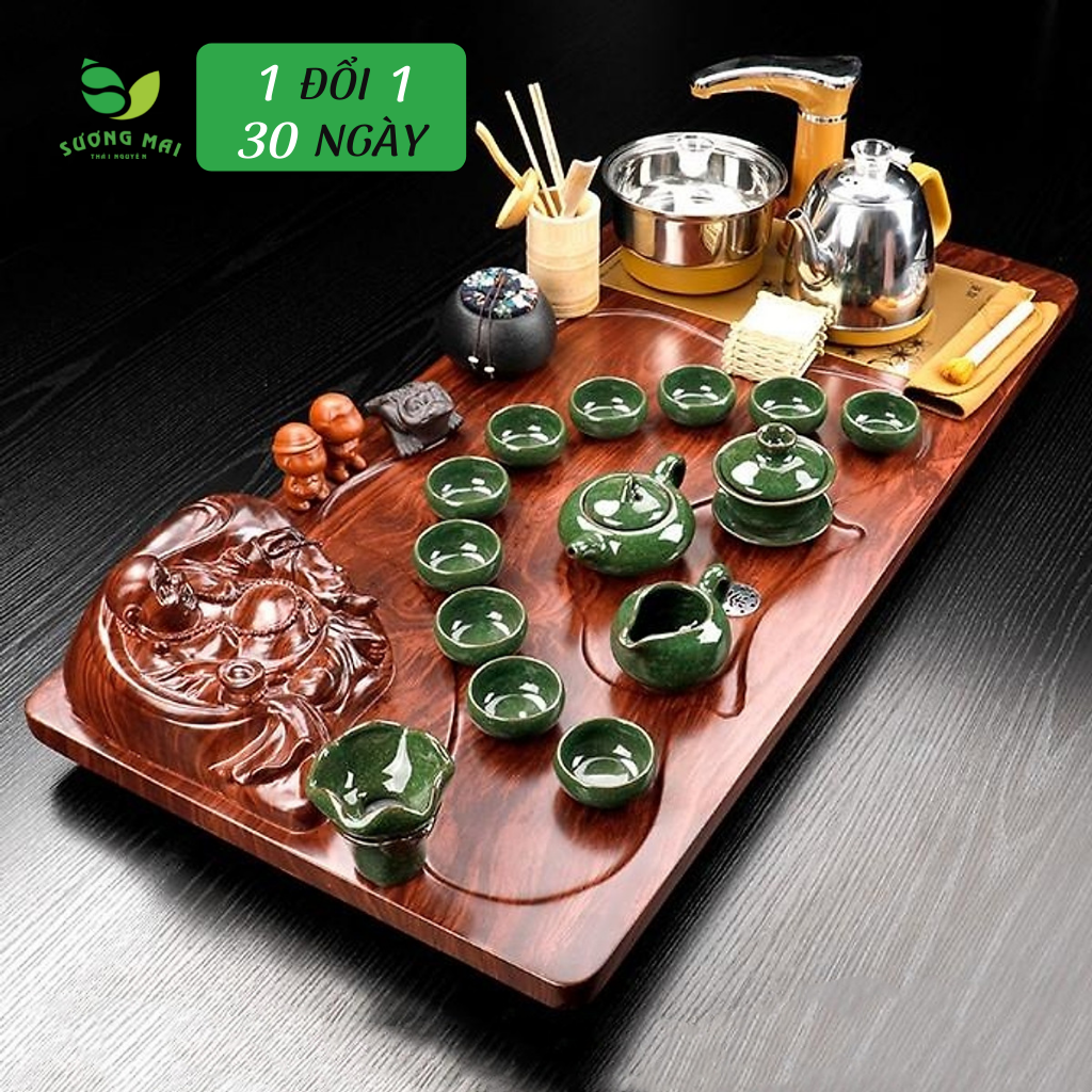 Combo bàn trà điện đa năng hình Phật + bếp đôi + ấm chén xanh