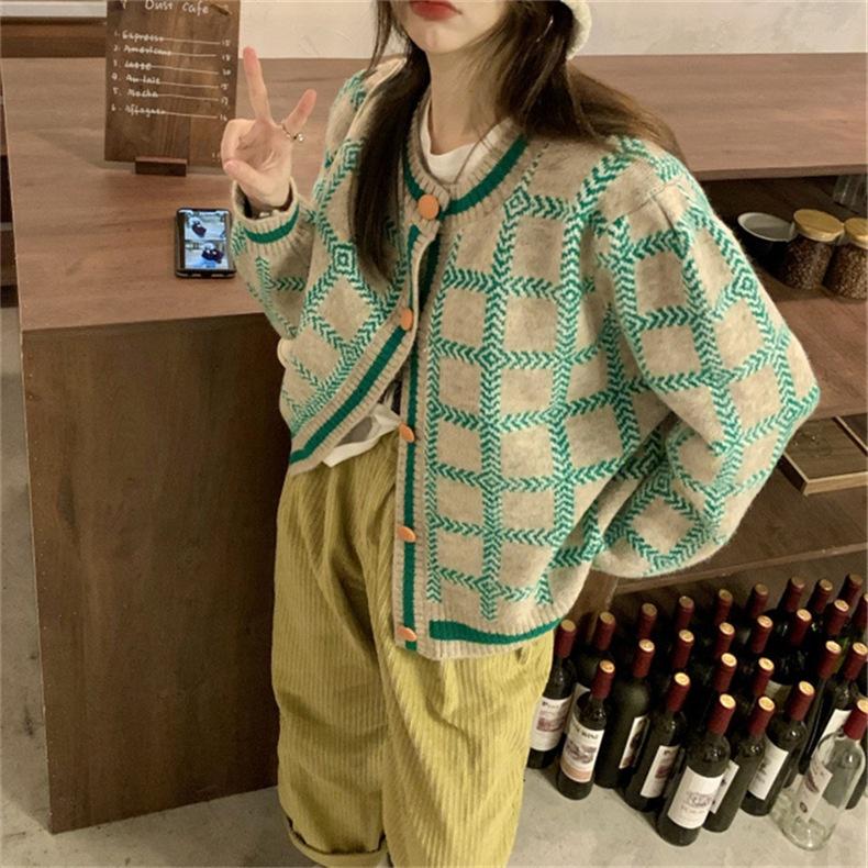 Áo khoác len cardigan nữ cổ tròn dài tay hoạt tiết caro kẻ vuông basic retro kiểu Hàn Quốc Quảng Châu chất đẹp D-6