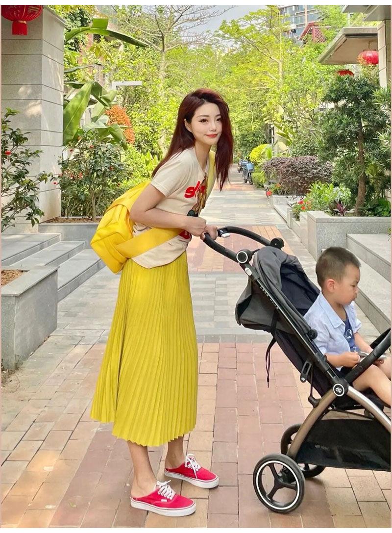 TOBE1SHOP Váy Hồng Kông nhẹ nhàng, hoạt bát, áo thun ngắn tay, thắt lưng mềm mại, váy xếp nếp, con cái mùa hè.