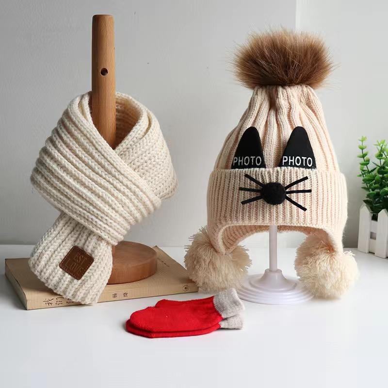 3 Bộ Trẻ Em Mũ Và Khăn Găng Tay Cho Mùa Thu Đông Bé Trai Và Bé Gái Đáng Yêu dệt Kim Dày Dặn Woollen Nón