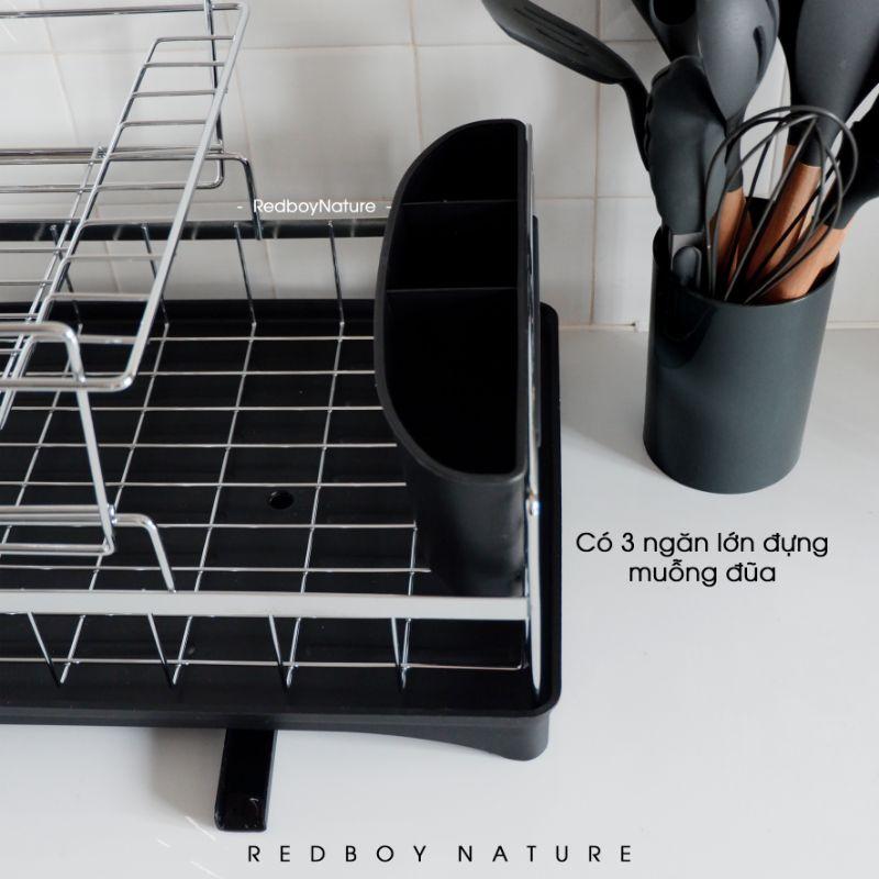 Kệ úp ráo nước chén dĩa inox 2 tầng chống rỉ sét TẶNG KÈM DAO CẮT TRÁI CÂY