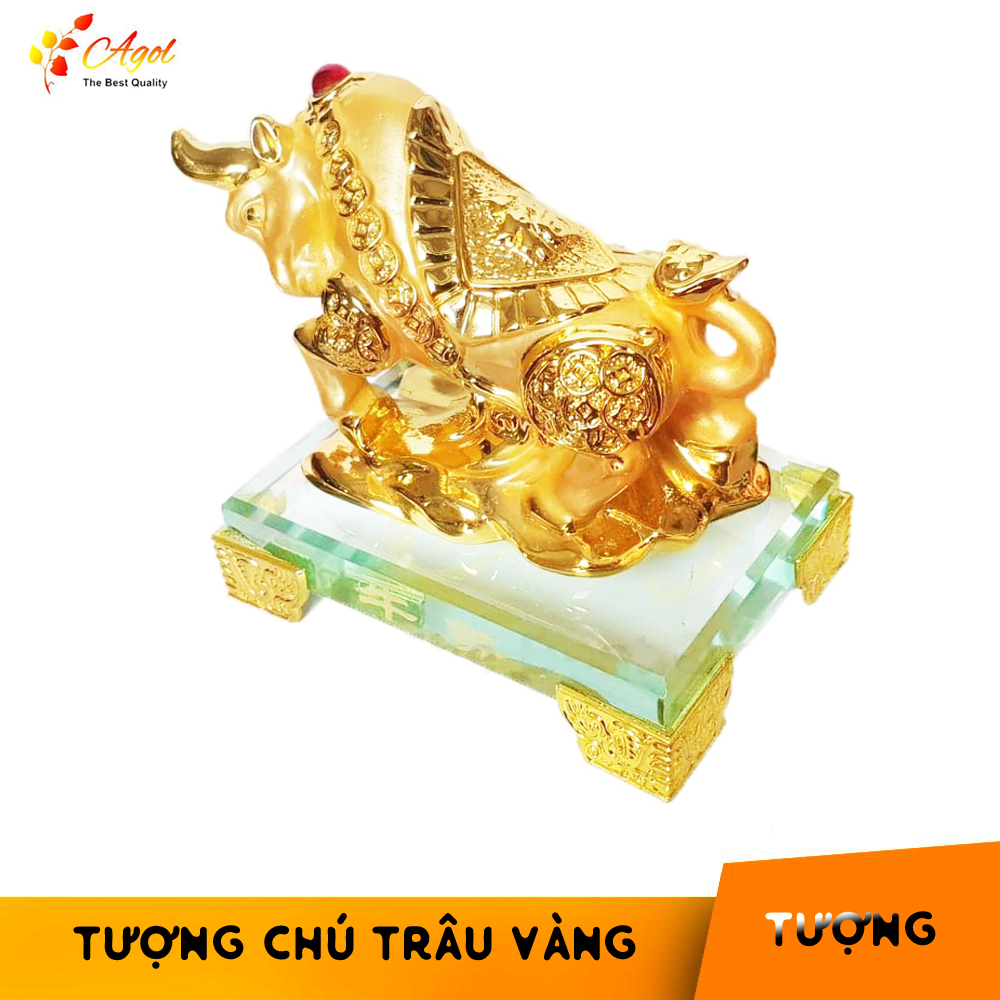 TƯỢNG CHÚ TRÂU VÀNG  ĐẾ THỦY TINH CAO CẤP - Trâu Vàng Kim Tiền