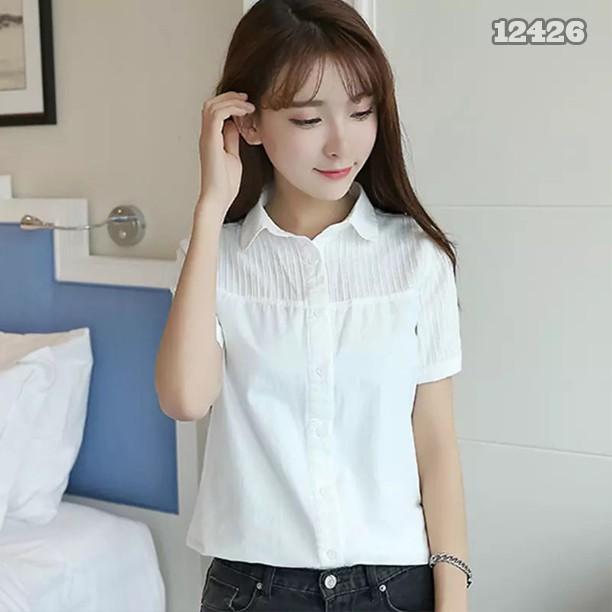 12426 Sơmi BIG SIZE tay ngắn trắng trơn - vai xếp li- Sơ mi công sở