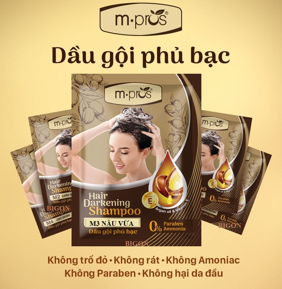 [Nâu Hạt Dẻ - M3] Dầu Gội Nhuộm Tóc Nâu Phủ Bạc 100% Siêu Dưỡng M.PROS 25ml - M3