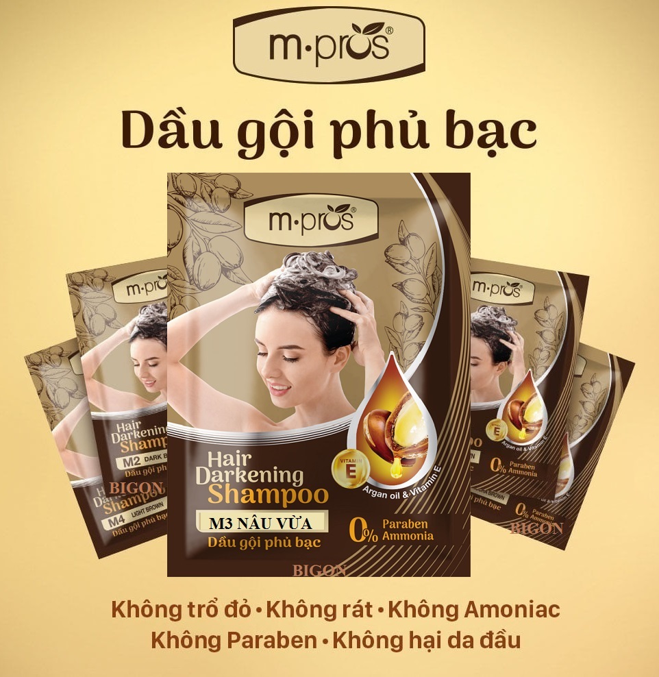 [Nâu Vừa] Dầu Gội Nhuộm Tóc Nâu Vừa Phủ Bạc 100% Thảo Dược Siêu Dưỡng M.PROS 25ml - M3