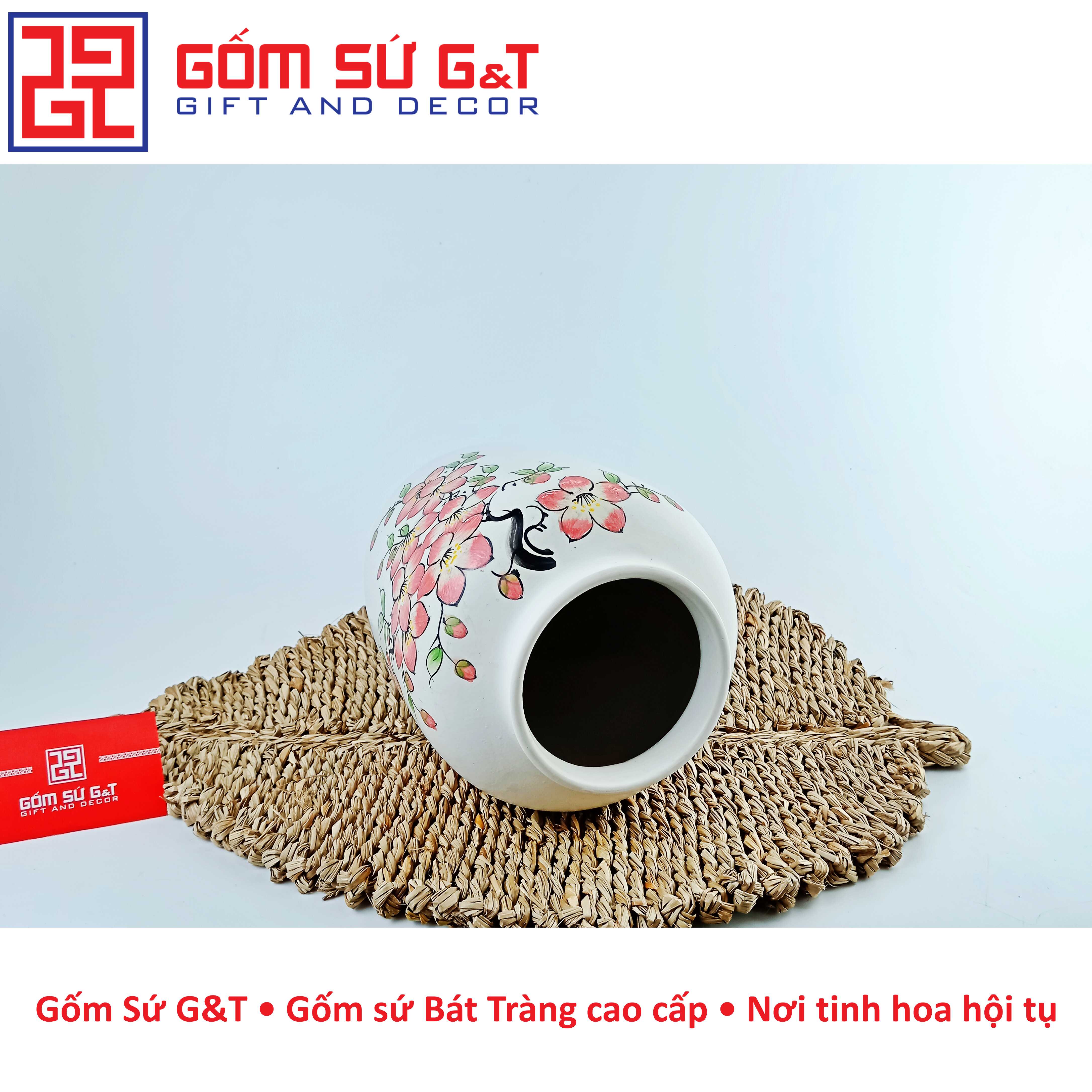 Lọ hoa dáng đèn lồng vẽ đào hồng Gốm Sứ G&amp;T