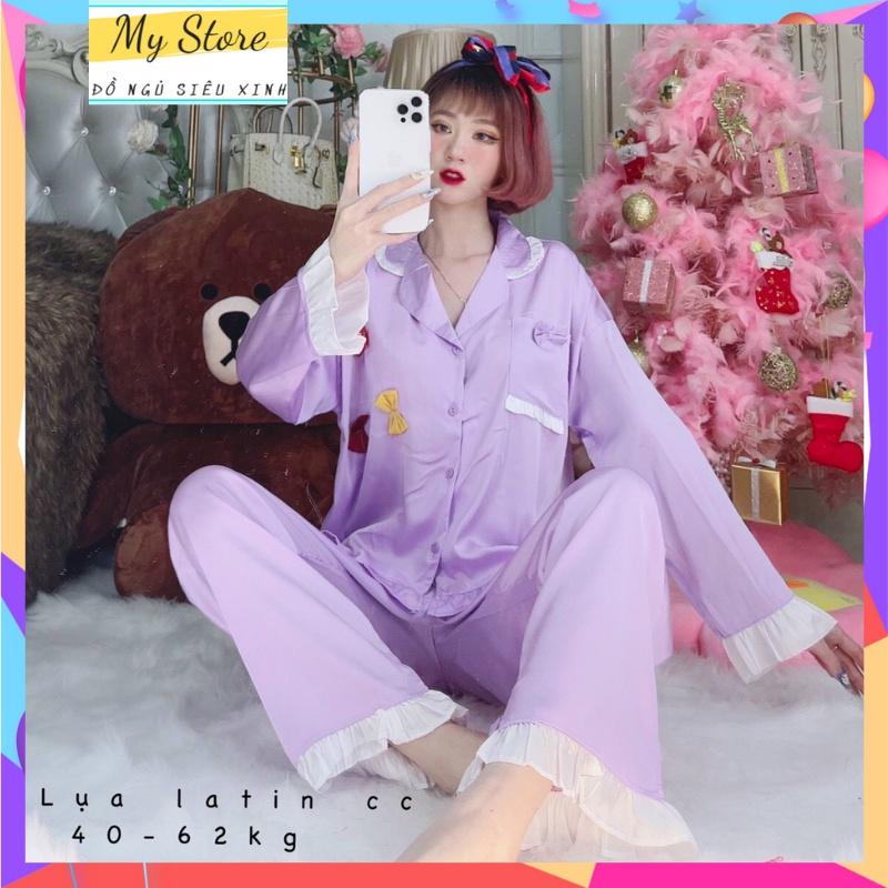 Đồ ngủ nữ, đồ bộ mặc nhà Pijama tiểu thư chất lụa latin tay dài quần dài dễ thương- Freesize dưới 62kg