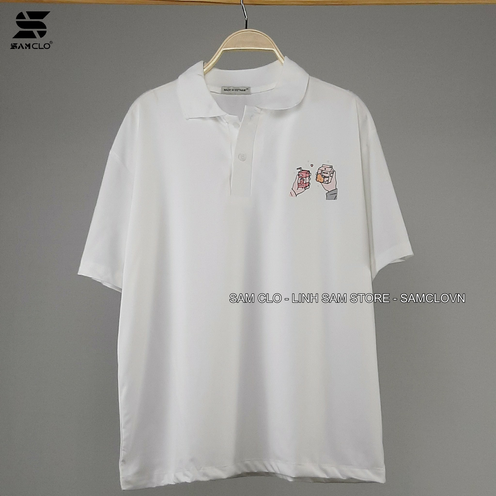 Áo thun Polo nữ tay lỡ form rộng SAM CLO phông freesize unisex mặc đi học, nhóm, lớp in hình HAI HỘP SỮA