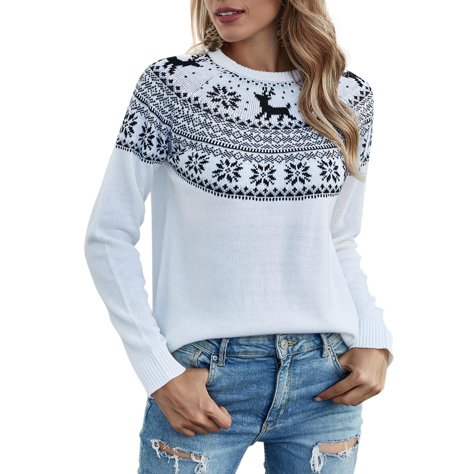 Fashion Women Winter Knitted Sweater Christmas Deer Snowflake O Neck Long Sleeve Soft Stretchy Casual Knitwear