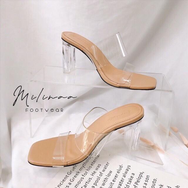 Guốc mika hai quai gót trong sang chảnh hàng sẵn